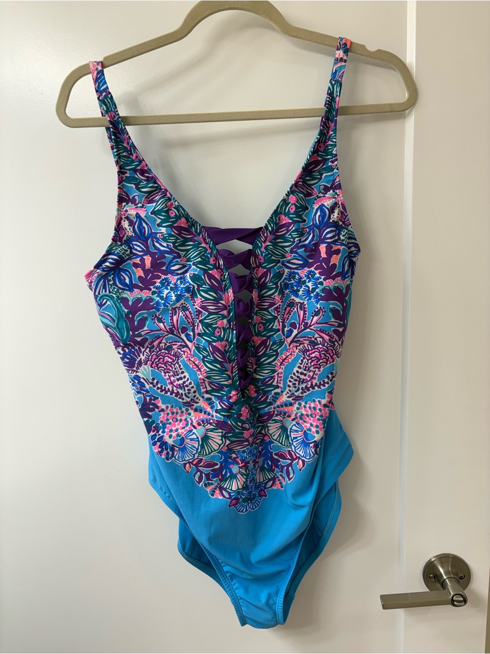 LILLY PULITZER Blue Tropical Floral One-Piece Swimsuit w/ Cutout Sz 12